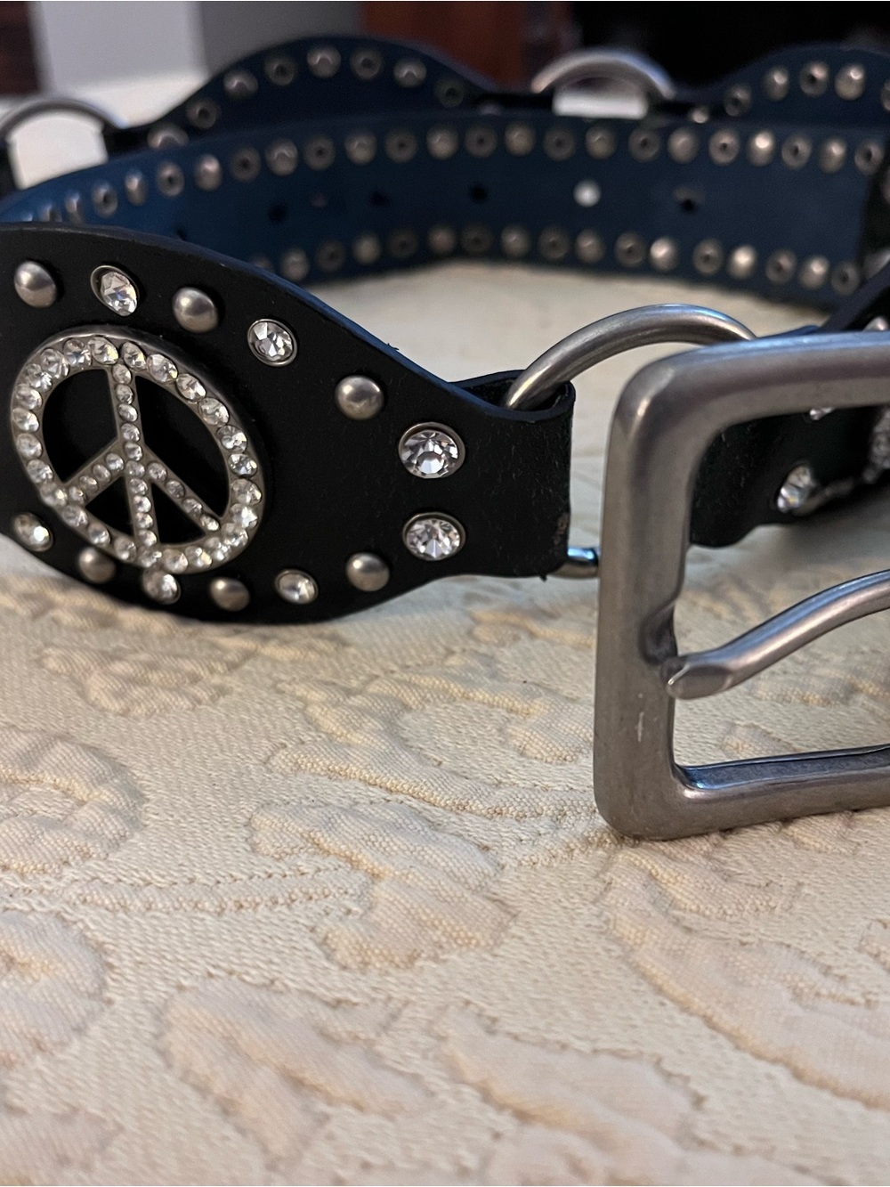 Genuine Leather peace sign and rhinestone statement belt